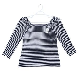 LOFT Womens Navy White Striped Square Neck Puff Sleeve 3/4 Sleeve Top Size M NEW